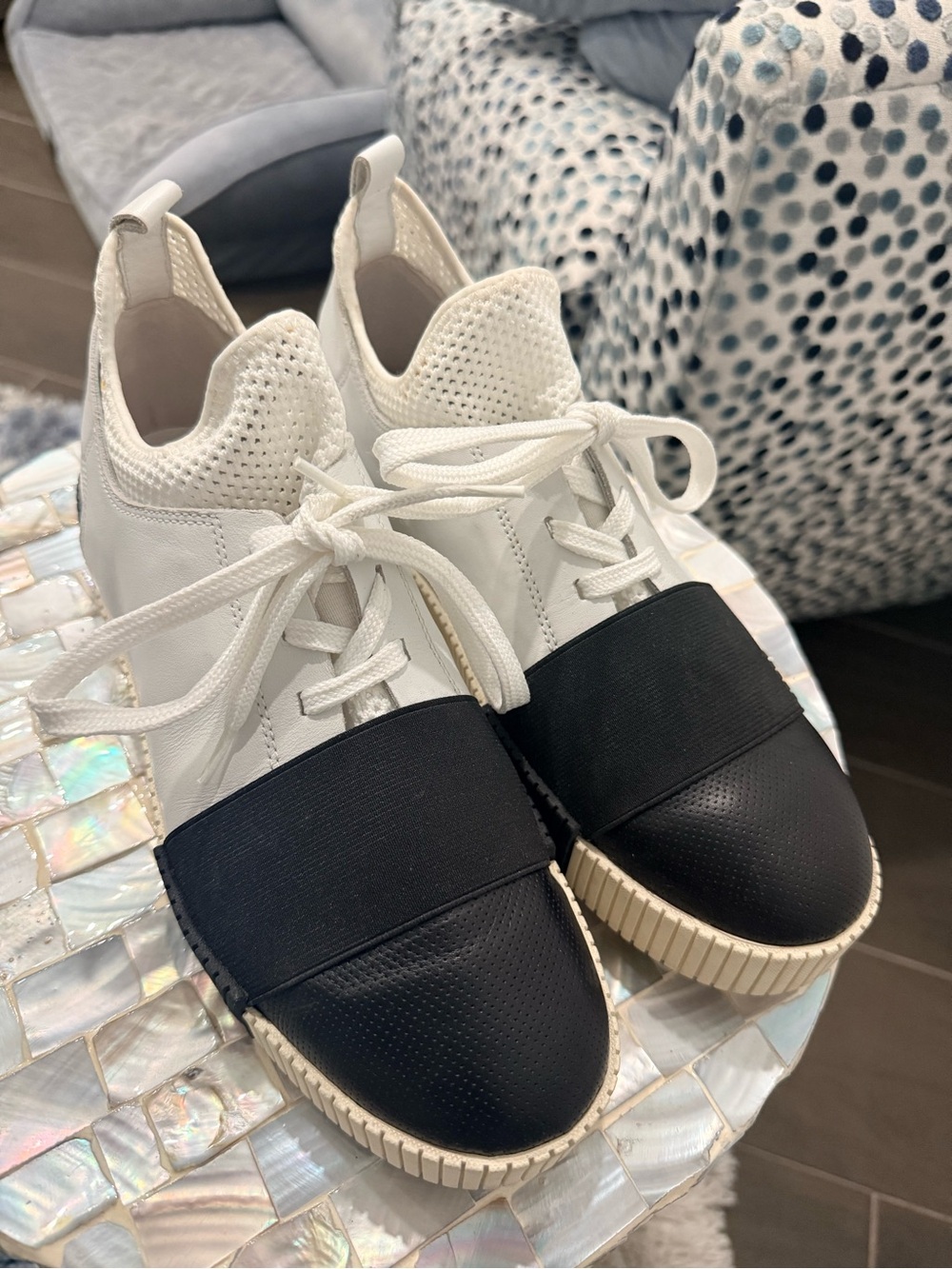 Marc Fisher White Sneakers with Black Toe Cap and Elastic Band